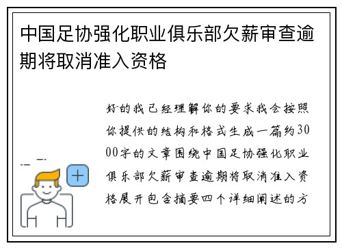 中国足协强化职业俱乐部欠薪审查逾期将取消准入资格