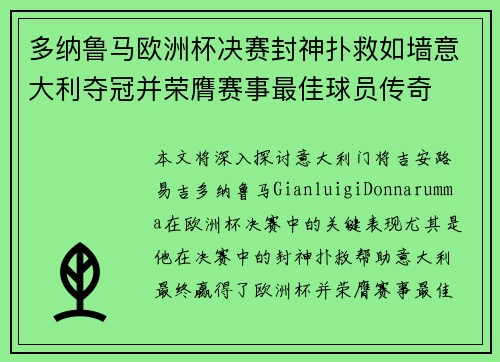 多纳鲁马欧洲杯决赛封神扑救如墙意大利夺冠并荣膺赛事最佳球员传奇